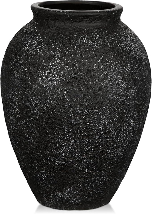 Rustic Ceramic Vase for Home Decor – 6.7" Small Decorative Textured Black Vases for Dried Flowers, Pampas Grass, Faux Plants – Modern Farmhouse Boho Table Centerpiece