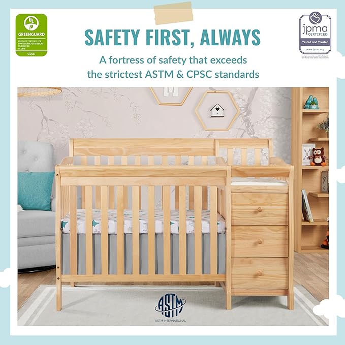 Dream On Me Jayden 4-in-1 Mini Convertible Crib And Changer in Natural, Greenguard Gold Certified, Non-Toxic Finish, New Zealand Pinewood, 1" Mattress Pad