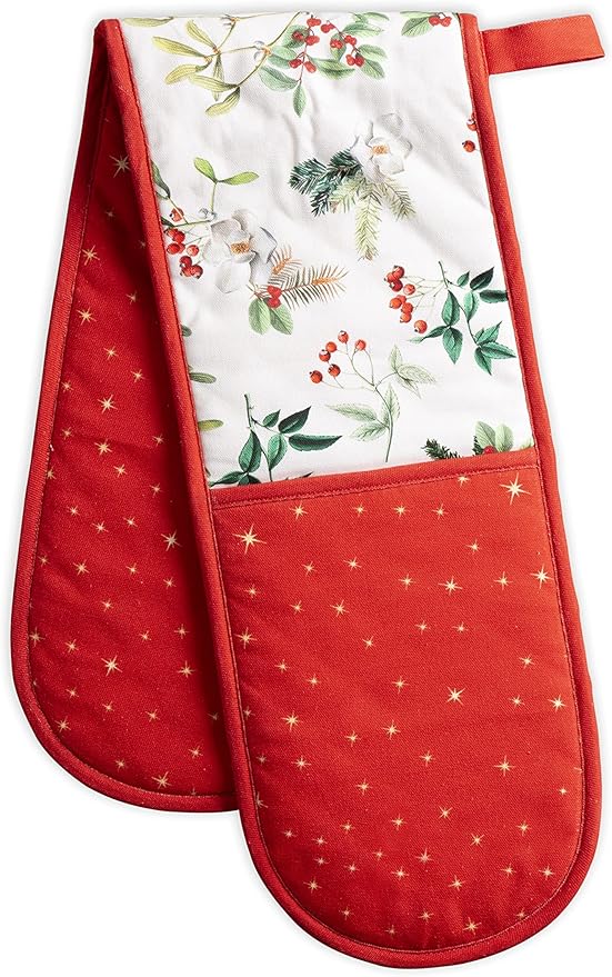 Maison d' Hermine Double Oven Mitt (7" x 35") 100% Cotton Heat Resistant BBQ Cooking Gloves with Loop for Thanksgiving Christmas Decorations Baking Cooking Barbeque Handling Hot Pan (Noel)