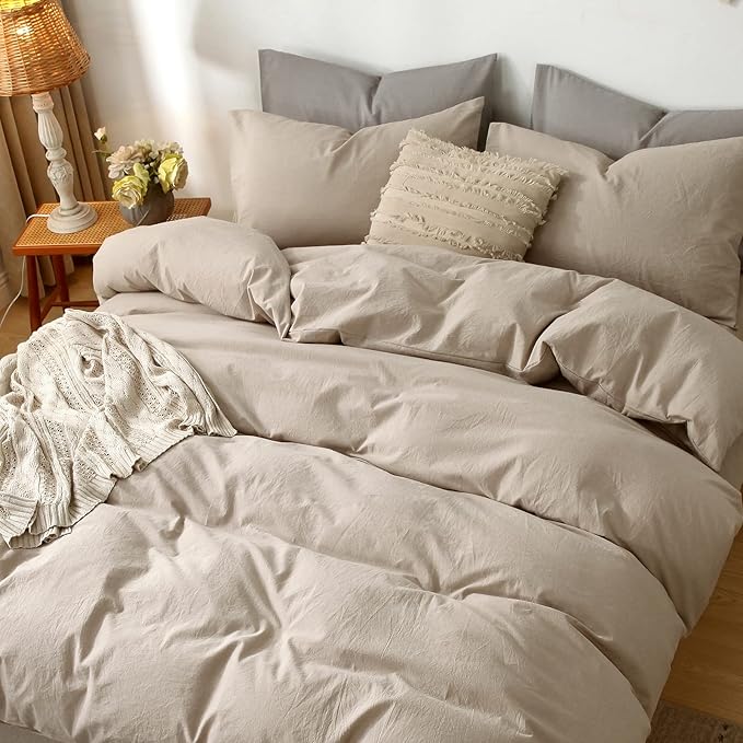 MooMee Bedding Duvet Cover Set 100% Washed Cotton Linen Like Textured Breathable Durable Soft Comfy (Heathered Taupe, Super King 108"x98")