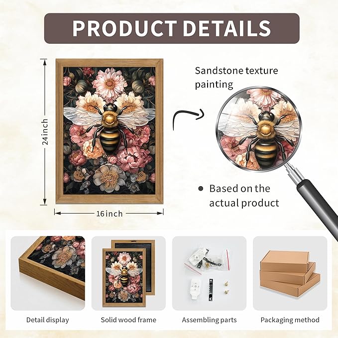 Framed Vintage 3D Textured Wall Art - Dark College Bee Flowers Wall Decor - Hand Drawn Sandstone Nature Botanical Pictures for Living Room Bedroom Home Decor 16x24 inches