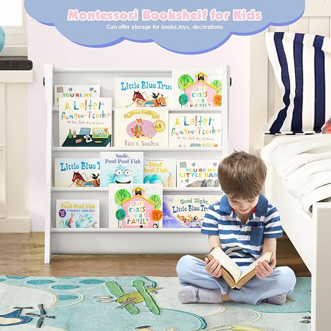 NACHES 4-Tier Foldable Kids Bookshelf, Large Capacity Montessori Sling Bookcase with 4 Deep Fabric Pockets, Magazine and Book Storage Rack for Nursery, Kids Room, Bedroom, Playroom (White)