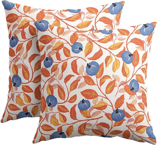 Kawani Fall Leaf Pumpkin Pillow Covers 24x24 Inch Seasonal Autumn Harvest Orange and Blue Outdoor Decorative Throw Pillows Set of 2 Thanksgiving Holiday Pillowcases for Couch Home Decor