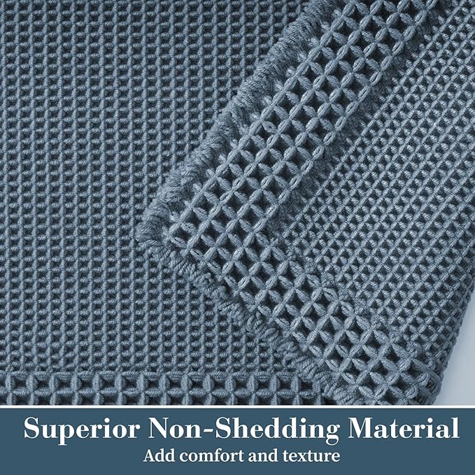 RESARE Waffle Bath Mat - Super Absorbent Non Slip Machine Washable Boho Bath Rugs with Tassels, Upgraded Bordered Design, 17"x24" Blue