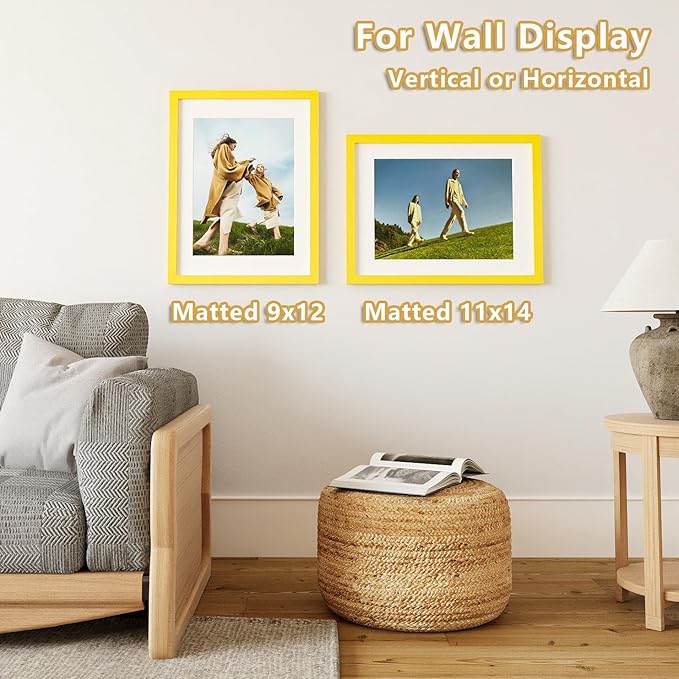 KINLINK 12x16 Picture Frame Yellow, Solid Wood Frames with Acrylic Plexiglass for Pictures 11x14/9x12 with Mat or 12x16 without Mat,Wall Display Photo Frame, Set of 4