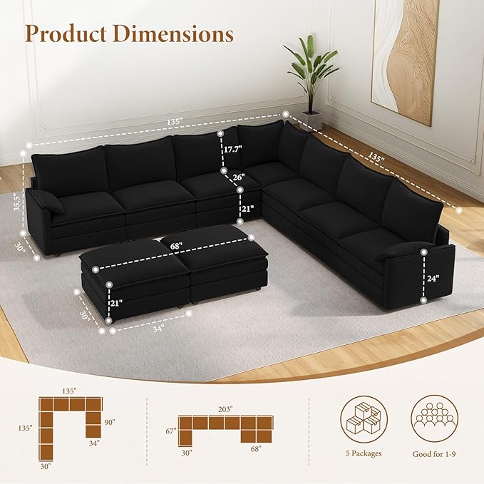 Vesgantti Large Modular Sectional Sofa, Big Comfy Cloud Couch with Ottoman Deep Seat Chenille Cloud Sofa, 9 Seater Large Sectional Couches for Living Room, Bedroom and Apartment, Black