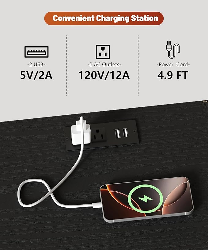 End Table with Charging Station, 11" D x 15" W Night Stand with LED Light, Nightstand with Fabric Drawers, Bedside Table with Open Shelf, Side Table for Bedroom, Living Room, Black