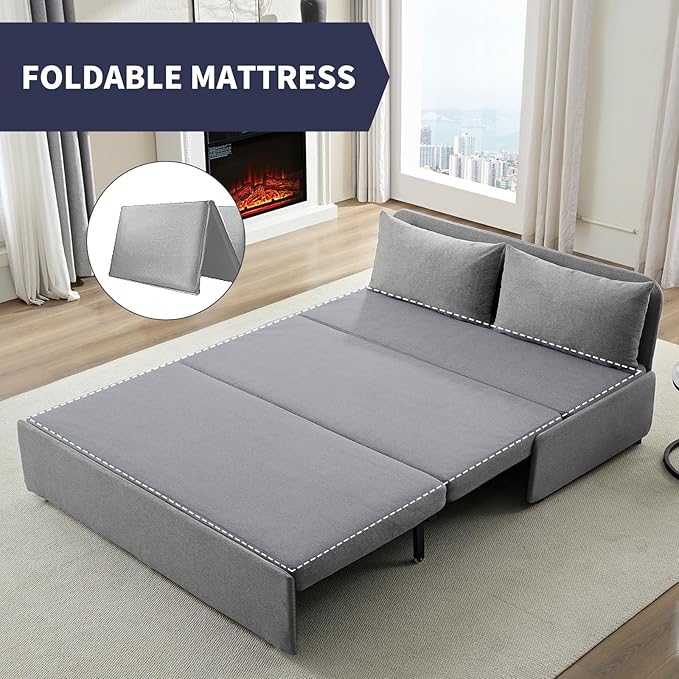 Queen Sofa Bed, Modern Pull Out Sofa Bed with Cushions & Throw Pillows, Linen Couch Beds, Convertible Sleeper Sofas Beds, Loveseat for Living Room for Small Spaces, Light Gray