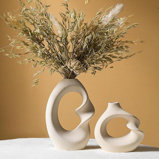 Modern White vase Set of 2,Pampas Grass Ceramic vases for Wedding Party,Aesthetic Flower Vase for Home Decor,Kitchen Tables,Living Room,Bedroom,Console,Wooden Shelf,Office,Coffee Decoration(2 Pcs)