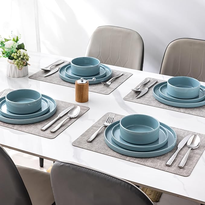 GBHOME Dinnerware Set for 4, 12 Piece Speckled Plates and Bowls Set with Glazed Bottom, Chip & Scratch Resistant Stoneware Plates Sets, Dishwasher & Microwave Safe Dishes (Stone Blue, Service for 4)