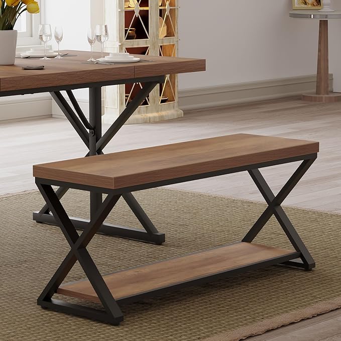 IBF Wood Bench Indoor, Industrial entryway Bench with Shoe Storage for Living Dining Room, Farmhouse Wooden Metal Entry Way Foyer Benches Seat for Bedroom Entryway, Rustic Oak, 39 Inch Long