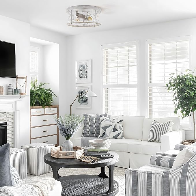 LamQee Flush Mount Ceiling Light with Clear Hammered Glass, Industrial 2-Lights Farmhouse Close to Ceiling Light Fixtures Round Low Profile for Kitchen Hallway Foyer Entrance Bedroom Rustic White