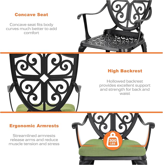 NUU GARDEN Outdoor 3 Piece Bistro Set with Cushions Round 24 Inch Cast Aluminum Table with 2.17 Inch Umbrella Hole and 2 Cast Aluminum Bistro Chairs for Patio Garden Backyard and Balcony Black