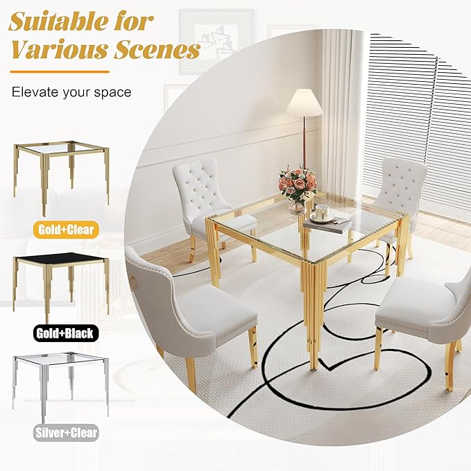5 Piece Glass Dining Table Set, 35" Square Glass Kitchen Table with 4 White Velvet Upholstered Chairs, Gold Dining Table for 4 with Chairs Set for Kitchen, Living Room