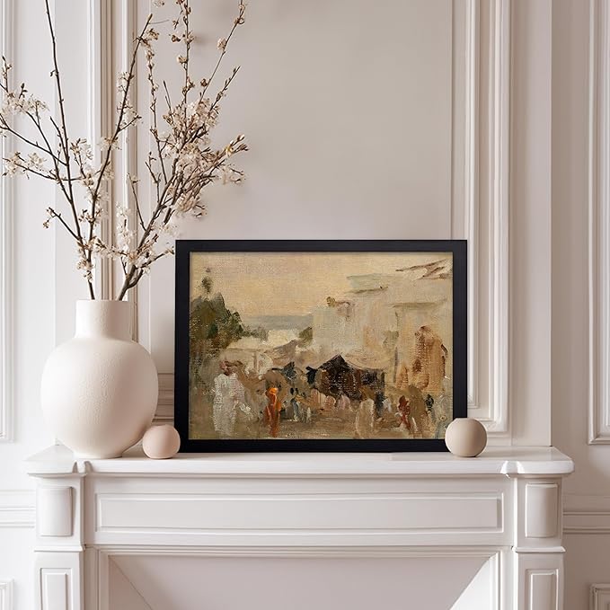 Poster Master Vintage The Bazaar Painting Poster - Retro Street in Udaipur Print - India Art - Cityscape Art - Farmhouse Art - Abstract Art - Office or Living Room Wall Decor, 8x10 Black Framed