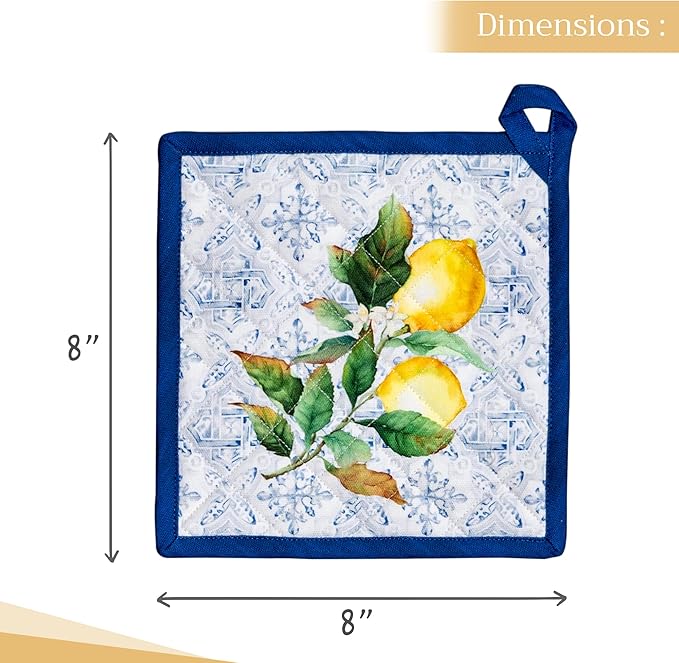 Maison d' Hermine Pot Holders 100% Cotton Heat Resistant Potholders 8" x 8" Hot Pads with Loop BBQ, Cooking, Baking, Grilling, Kitchen, Handling Hot Pans Spring/Summer (Pack of 1, Citrus)