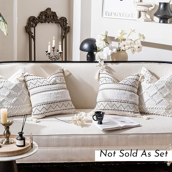 Decorative Throw Pillow Cover 20x20 Square Boho Black Neutral White Accent Pillowcase Tassels Farmhouse Cushion for Couch Sofa Bedroom Living Room Home Décor (Cover ONLY, Pack of 1)