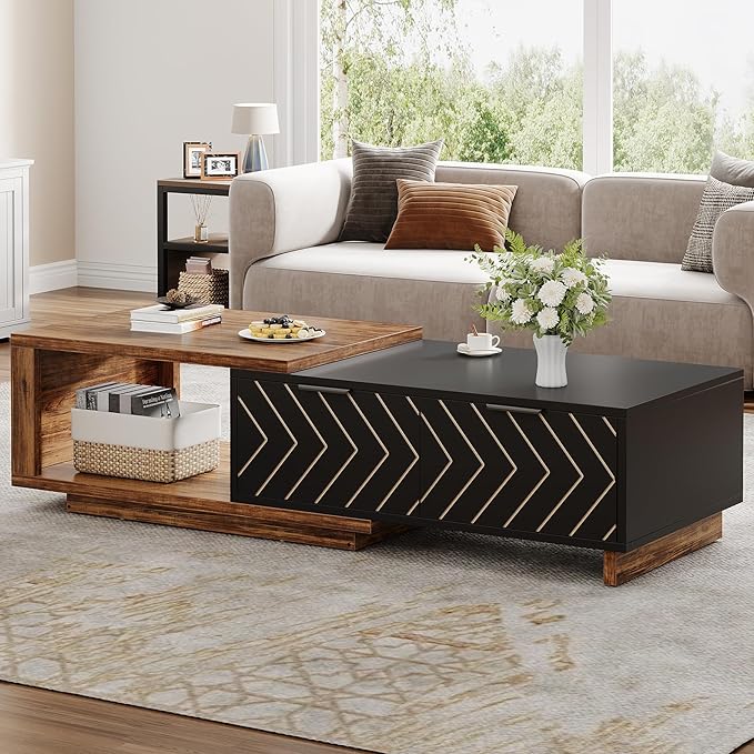 Tribesigns Extendable Coffee Table with 2 Storage Drawers, Dual-Tone Center Table with Sliding Tabletop, Multi-Functional Hidden Storage Wooden Rectangle Cocktail Table for Living Room (Brown & Black)