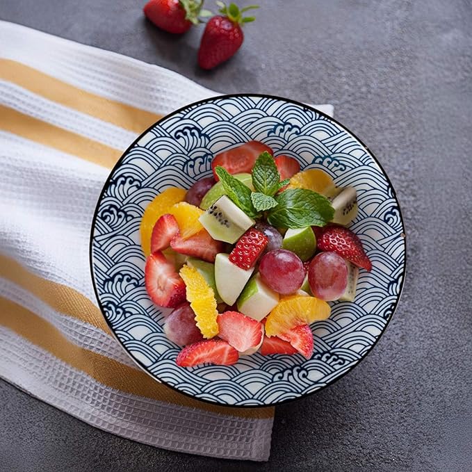 38 oz Japanese Ramen Bowl Set of 6 - Large 8 Inch Ceramic Soup Bowls, Blue and White Japanese Noodle Bowls for Pho, Ramen, and Salad - Wave Patterns