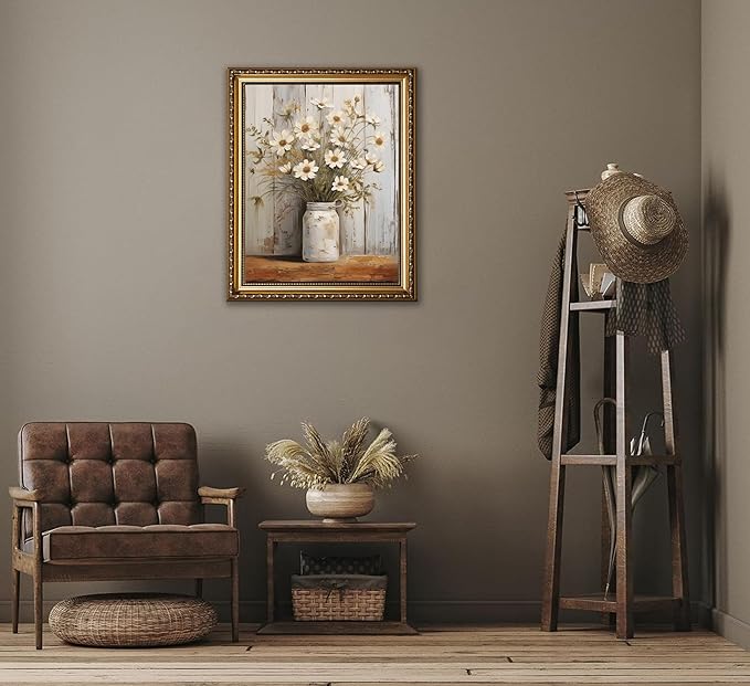 Rustic Farmhouse Daisy Floral Canvas Wall Art Vintage Neutral Country Flower Still Life Botanical Painting Picture Wall Decor Poster Print for Bathroom Living Room Bedroom Home Decoration Unframed