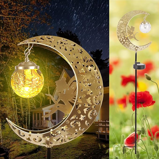 Solar Lights Outdoor Waterproof Fairy Moon Crackle Glass Lights with Metal Angel Decor for Walkway Yard Patio or Garden Gifts for Mom Grandma Friends