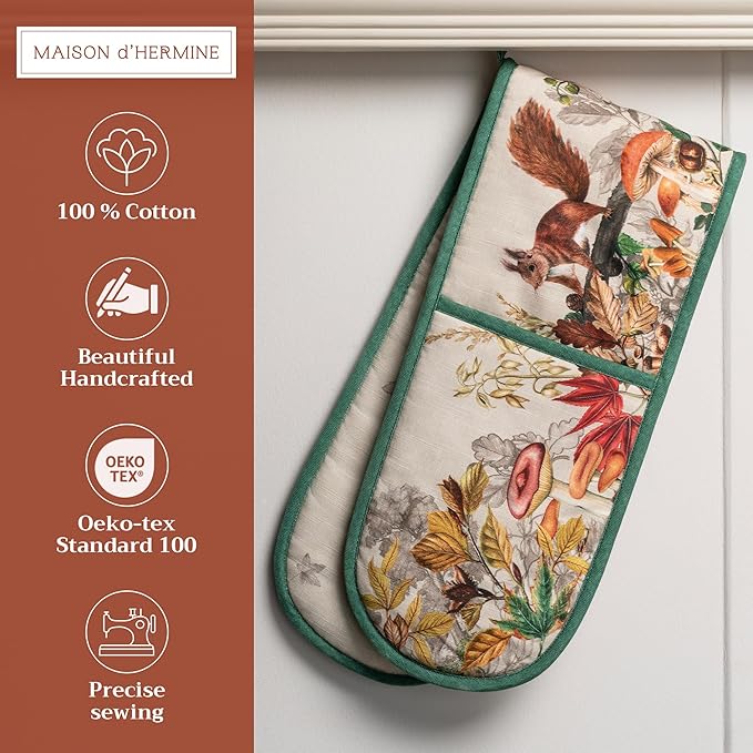 Maison d' Hermine Double Oven Mitt (7" x 35") 100% Cotton Heat Resistant BBQ Cooking Gloves with Loop for Thanksgiving Christmas Decorations Baking Cooking Barbeque Handling Hot Pan (Recolte)