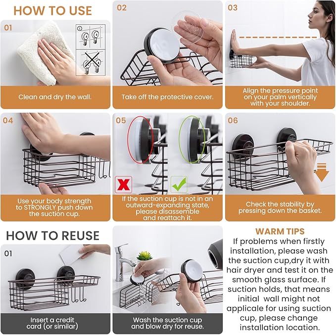 LEVERLOC Shower Caddy Suction Cup, 2 Pack Shelves for Inside with Hooks and Soap Holder, NO-Drilling Bathroom Holder, Rustproof Meatl Bathroom Organizer, Brown