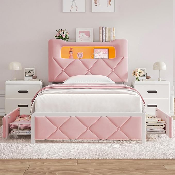 Twin Upholstered LED Bed Frame with 2 Storage Drawers and 2-Tier Storage Bookcase Headboard, Velvet Princess Platform Bed for Kids/Girls/Boys, Heavy Duty Metal Support, No Box Spring Needed, Pink