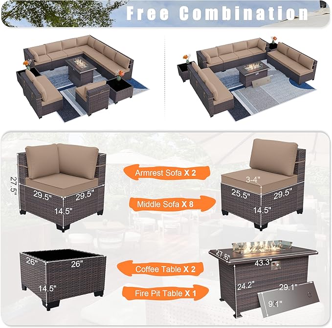 Kurapika 13 Pieces Patio Furniture Set, Rattan Wicker Outdoor Conversation Sets w/43in Propane Fire Pit Table and 4 Inch Cushion(Sand)
