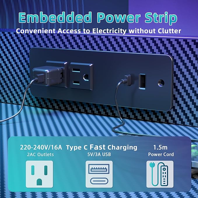 TIQLAB Gaming Desk 40 inch with Power Outlet and LED Light, Computer Desk with Reversible Shelves and Storage Drawer, Small PC Desk for Home Office Table with Bag, Carbon Fiber Black