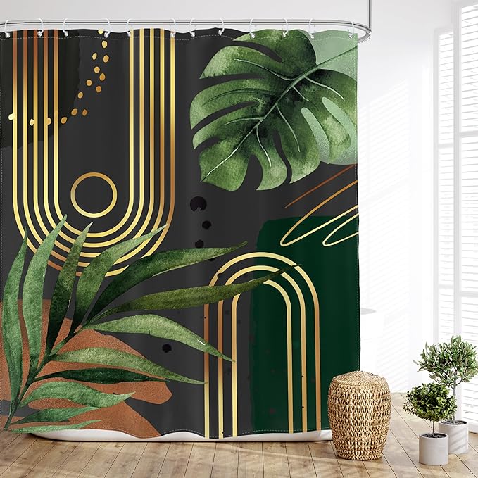 Glawry Dark Green Boho Shower Curtain Abstract Retro Mid Century Bathroom Minimalist Tropical Modern 72Wx72L Inches Bath Accessories Art Home Decor Fabric 12 Pack Hook