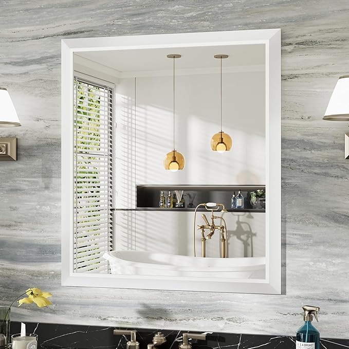 36x32 Inch White Bathroom Mirror for Wall, Thick Metal Framed Rectangle Mirrors for Over Sink, Bedroom, Living Room, Entryway, Anti-Rust, HD Tempered Glass
