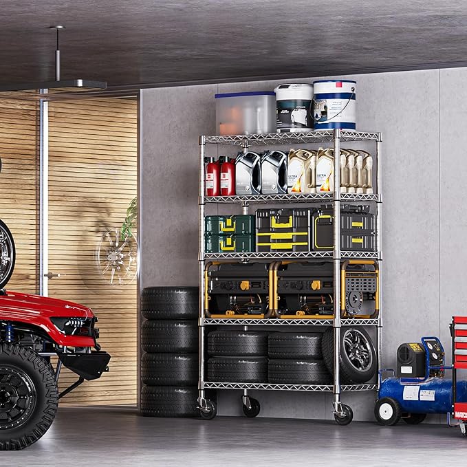 IZEUK 5-Tier Storage Shelving Unit with Wheels, Adjustable Heavy Duty Steel Wire Rack Organizer (Chrome, 17.7" D x 47.2" W x 76.7" H, 1750 lbs Capacity) for Garage, Kitchen, Pantry, Laundry, Basement