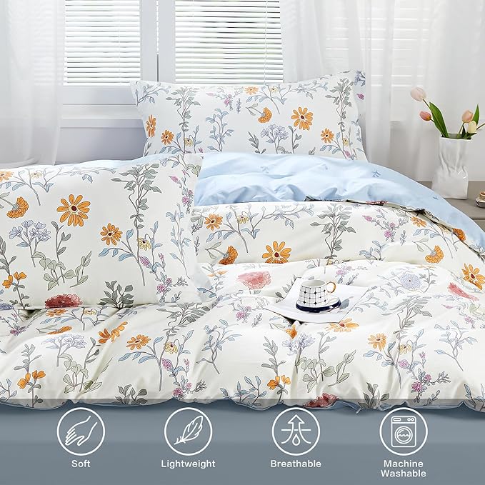 SAPHREAS Floral Duvet Cover Set 2pcs Twin Size Botanical Flower Leaves Pattern Bedding Comforter Cover Set 100% Cotton 1 Duvet Cover 68"x90" 1 Pillow Sham, Comforter Not Included