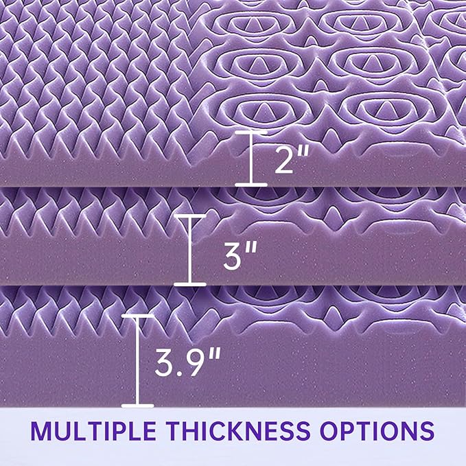 MUXHOMO 3.9 Inch 7-Zone Queen Mattress Topper, Egg Crate Foam Mattress Topper Queen Size for Back Pain, Lavender Cooling Gel Infused Bed Pad, CertiPUR-US and Oeko-TEX Certification (60"×80")
