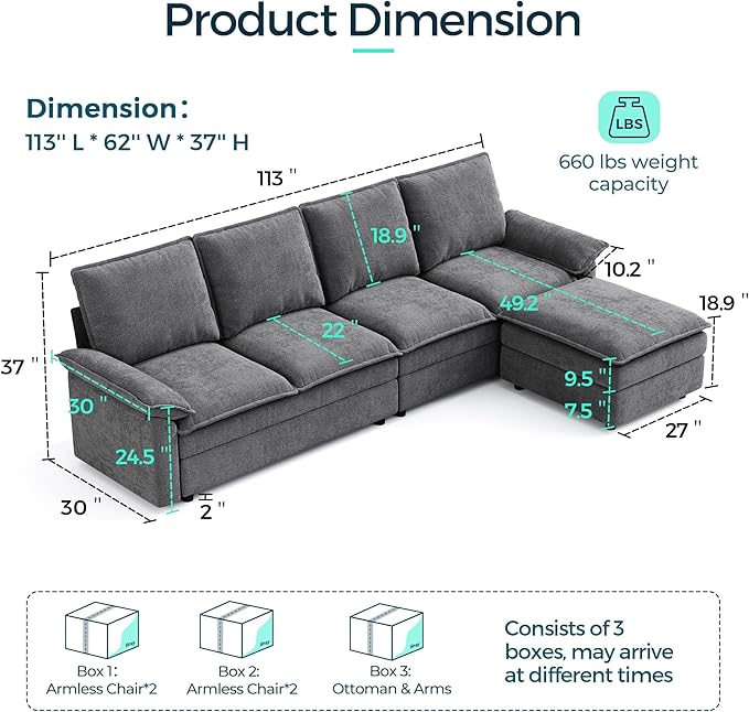 LINSY HOME Modular Cloud Couch, 113" L Shaped Sectional Sofa with Double Layer Cushions and Ottoman, Chenille 4 Seater Sofa Set for Living Room, Apartment, Grey