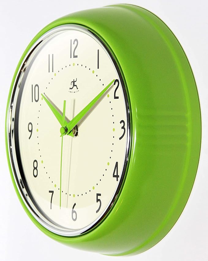 Infinity Instruments LTD. Retro 9 inch Silent Sweep Non-Ticking Mid Century Modern Kitchen Diner Wall Clock Quartz Movement Retro Wall Clock Decorative (Apple Green)…