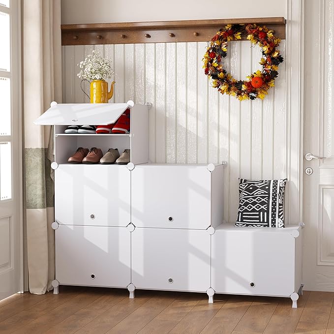 AWTATOS Shoe Rack, 6 Tier Shoe Storage Cabinet with Door, 32 Pair Shoe Organizer Shelves for Closet Hallway Bedroom Entryway, White