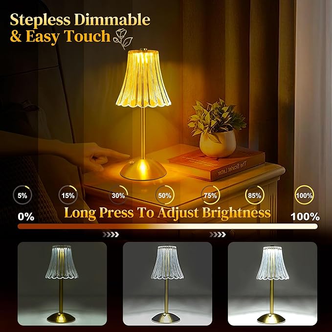 Cordless Table Lamps for Bedroom,Gold Cordless Battery Operated Table Lamp Rechargeable Decorative Bedside Dimmable Nightstand Lamp Small Touch Crystal Table Lamp,3 Color LED Lamp 2600mAh (Vintage)