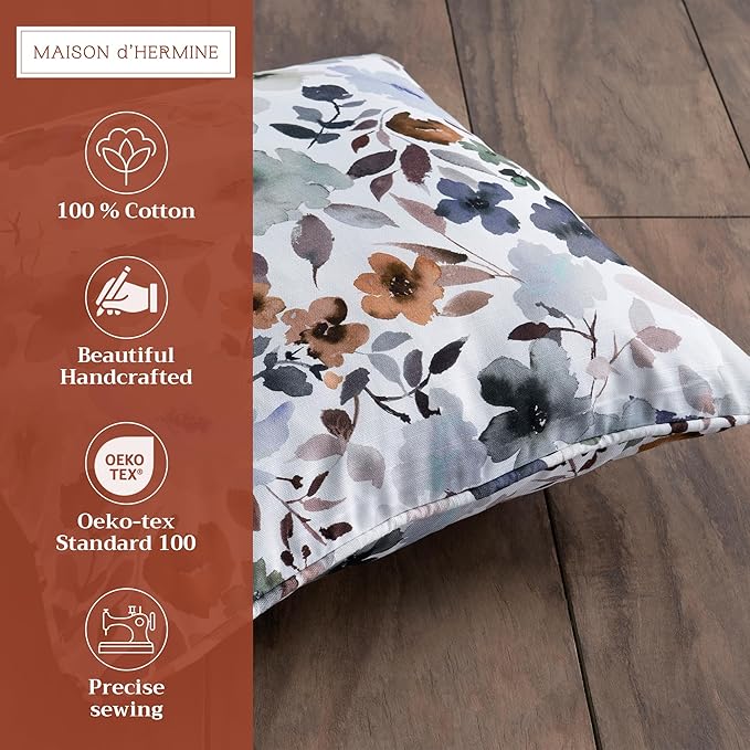 Maison d' Hermine Decorative Pillow Covers 18 x 18 Inch Square 100% Cotton Throw Pillow Covers with Invisible Zipper Cushion Case for Living Room Couch, Chair, Sofas, Bedroom, Home (Blossom - Flora)