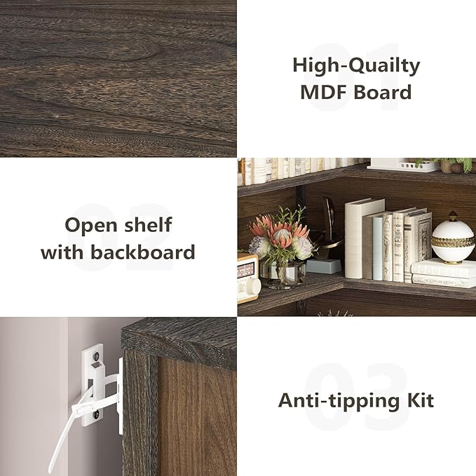 TVU Wood Corner Book Shelf, 5 Tier 65 Inch Tall Bookshelf with Storage, Floor Standing Display Book Shelf for Living Room, Kitchen, Home Office, Rustic Brown