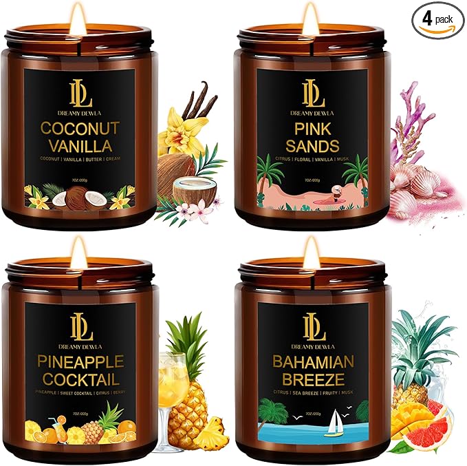 Scented Candles for Home, 4 Pack 28oz Soy Candle for Home Scented, Aromatherapy Candle Gift Set for Women Men, Summer Scents of Pink Sands/Coconut Vanilla/Pineapple Cocktail/Bahama Breeze