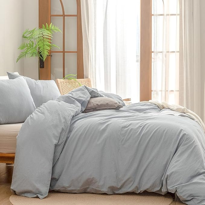 BESTOUCH Duvet Cover Set 100% Washed Cotton Linen Feel Super Soft Comfortable Chic Lightweight 3 PCs Home Bedding Set Cornflower Blue King
