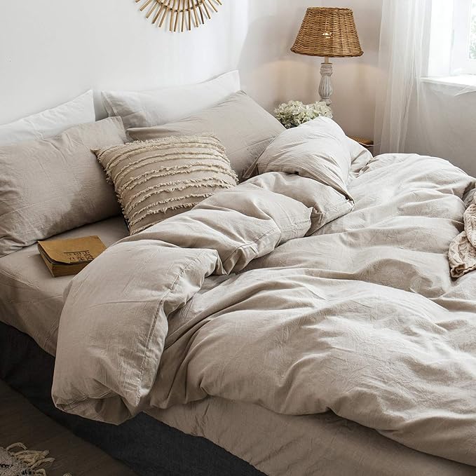 MooMee Bedding Duvet Cover Set 100% Washed Cotton Linen Like Textured Breathable Durable Soft Comfy (Heathered Tannish Linen Grey, Oversized Full 82"x86")