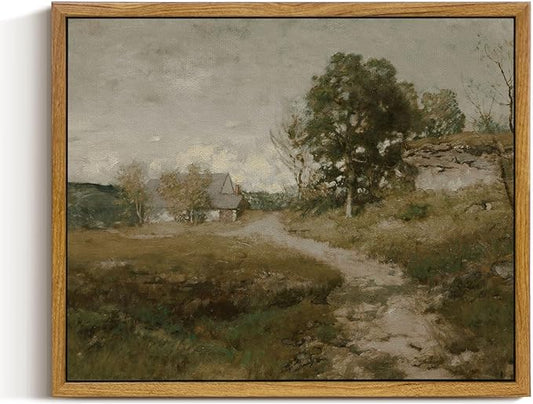InSimSea Framed Canvas Wall Art Vintage Decor, Retro Room Decor, Rural Path Landscape Wall Paintings, Farmhouse Wall Art for Living Room, Vintage Countryside Pictures for Bathroom Wall Decor, 9"x11"