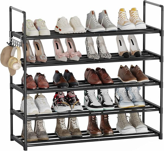 Metal Shoe Rack - 5-Tier Shoe Organizer with Adjustable Shelf Height, Sturdy Shoe Storage Shelf, Perfect for Front Door Entrance, Closet & Entryway, Easy to Assemble, DIY Layering Options (L - 5 Tier)