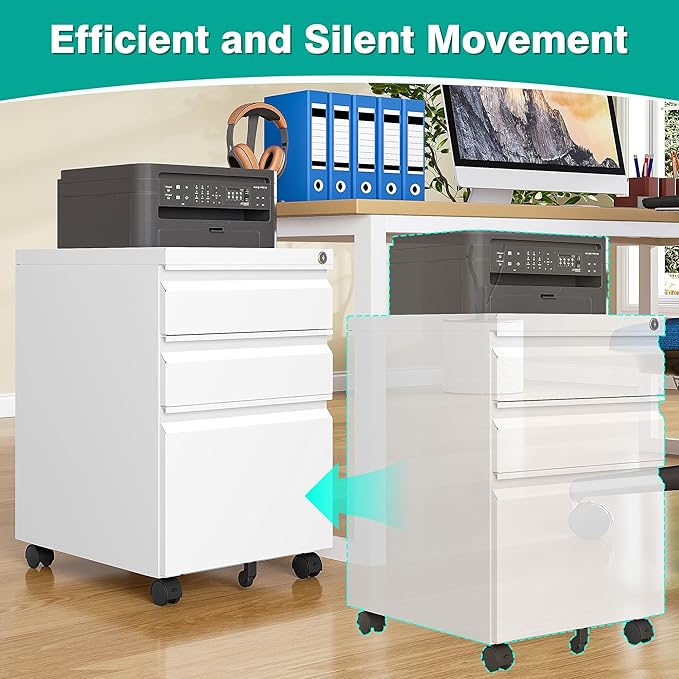 3 Drawer File Cabinet with Lock,Under Desk File Cabinet with Wheels,White Rolling File Cabinet,Three Drawer Metal Filing Cabinet for Home Office,Fit A4/Letter/Legal File,Fully Assembled Except Casters