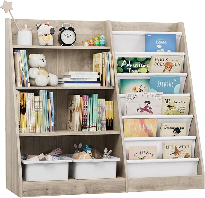 Kids Bookshelf Wood Toy Storage Organizer Cabinet Children Bookcase Toddler Baby Sling Book Rack Adjustable Shelf for Playroom Bedroom Nursery Hallway School Kindergarten