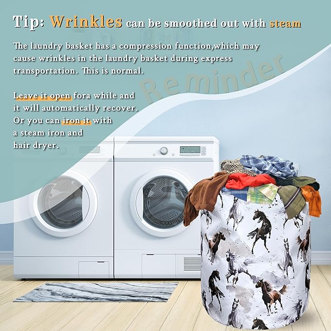 Watercolor Horses Laundry Basket Foldable With Handles Tote Bag Oxford Cloth Funny Animal Laundry Hamper 18.9" x 16.5" Clothes Storage Bucket Toy Organizer For Bathroom/Laundry/Bedroom