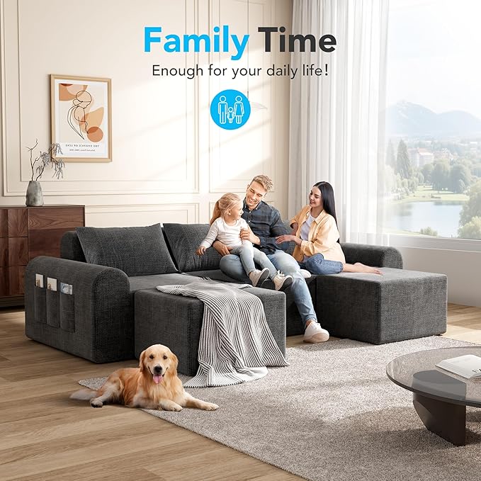 86.6” Cloud Boneless Sectional Sofa for Living Room, 3-Seater Modular Couch for Small Apartments with 2 Ottomans, Deep Seat Chenille Fabric Sofa, No Assembly Required, 72H Full Restore, Grey